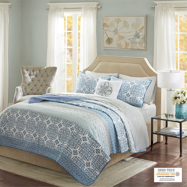 Madison Park Essentials Sybil Quilt Set with Cotton Bed Sheets in Blue, Twin MPE13-508