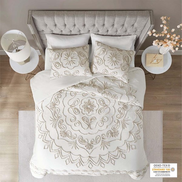 Madison Park Violette 3 Piece Tufted Cotton Chenille Duvet Cover Set in Ivory/Taupe, Full/Queen MP12-7142