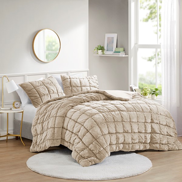 Intelligent Design Velvet Dream Puff Comforter Set in Tan, Full/Queen ID10-2337