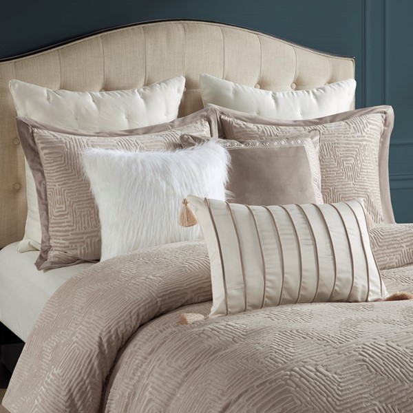 Madison Park Signature Pescal Oversized Velvet Comforter Set with Euro Shams and Throw Pillows in Beige, Full/Queen MPS10-521