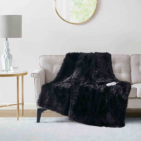 Serta Malea Shaggy Faux Fur Heated Throw in Black, 50x60" ST54-0153