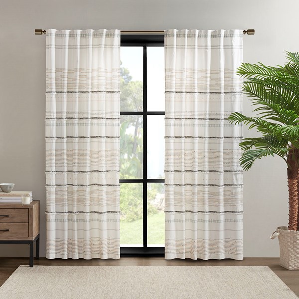 INK+IVY Nea Cotton Printed Curtain Panel with tassel trim and Lining in Off White/Gray, 50x84" II40-1184