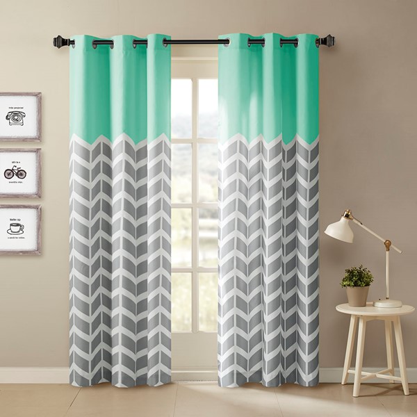 Intelligent Design Alex Chevron Printed Room Darkening Grommet Top Panel Pair in Aqua, 42x84" ID40-555