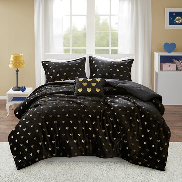 Mi Zone Rosalie Metallic Printed Plush Comforter Set with Throw Pillow in Black/Gold, Full/Queen MZ10-0653