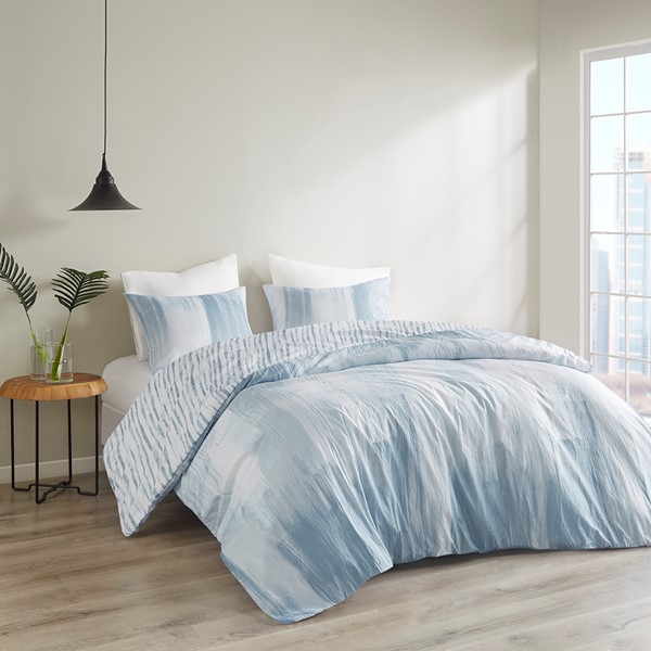 N Natori Brush Stroke 3 Piece Oversized Reversible Seersucker Duvet Cover Mini Set in Blue, Full/Queen NS12-3707