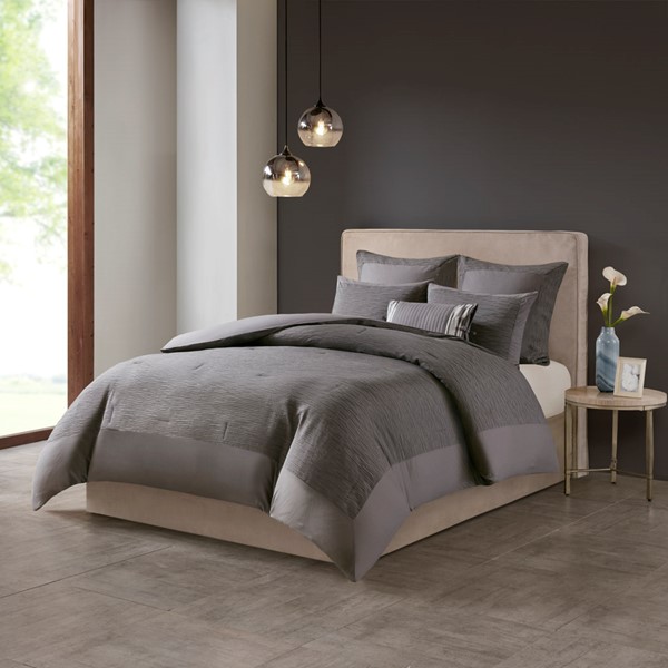 N Natori Hanae Cotton Blend Yarn Dyed 3 Piece Comforter Set in Grey, Full/Queen NS10-3249