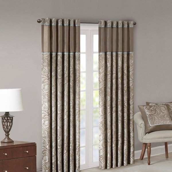 Madison Park Aubrey Jacquard Curtain Panel Pair in Blue/Brown, 50x108" MP40-2679