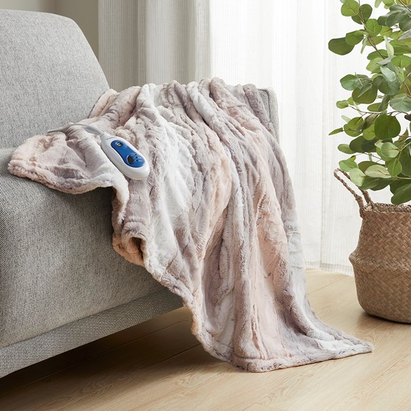 Beautyrest Zuri Oversized Faux Fur Heated Throw in Blush/Grey, 50x70" BR54-2863