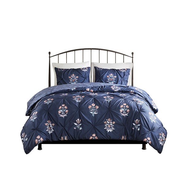 Madison Park Marfa 3 Piece Pintuck Duvet Cover Set in Navy, Full/Queen MP12-8412