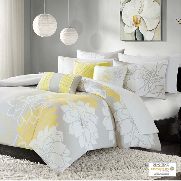 Madison Park Lola 6 Piece Printed Duvet Cover Set in Taupe Grey/Yellow, Full/Queen MP12-176