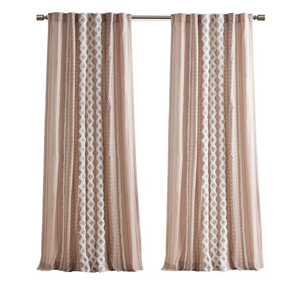 INK+IVY Imani Cotton Printed Curtain Panel with Chenille Stripe and Lining in Blush, 50x84" II40-1234