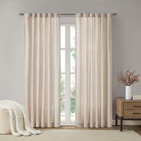 Madison Park Beals Faux Linen Rod Pocket and Back Tab Fleece Lined Curtain Panel in Natural, 50x84" MP40-7495