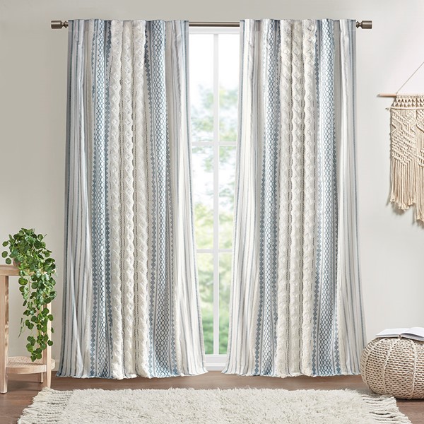 INK+IVY Imani Cotton Printed Curtain Panel with Chenille Stripe and Lining in White/Navy, 50x95" II40-1295