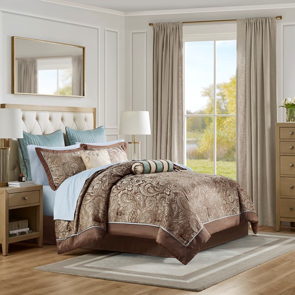 Madison Park Aubrey 12 Piece Comforter Set with Cotton Bed Sheets in Blue/Brown, Full MP10-657