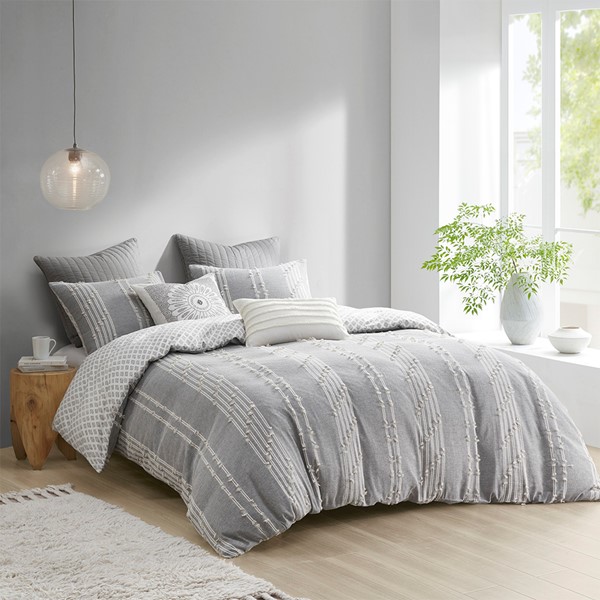 INK+IVY Kara 3 Piece Cotton Jacquard Comforter Set in Gray, Full/Queen II10-1270