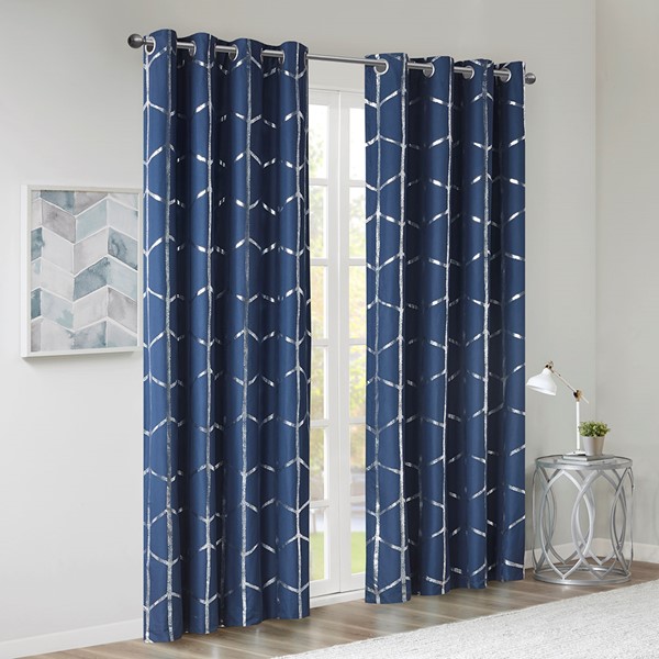 Intelligent Design Raina Total Blackout Metallic Print Grommet Top Curtain Panel in Navy/Silver, 50x63" ID40-1809