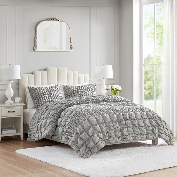 Madison Park Evelyn 3 Piece Stripe Ruched Comforter Set in Grey, King/Cal King MP10-8398