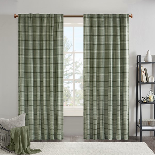 Madison Park Anaheim Plaid Rod Pocket and Back Tab Curtain Panel with Fleece Lining in Green, 50x84" MP40-8295