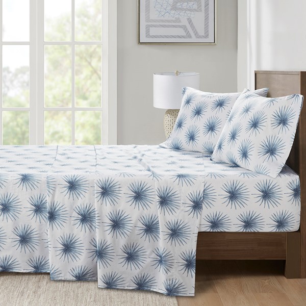 Madison Park Essentials 200 Thread Count Printed Cotton Sheet Set in Blue Palmetto, Full MPE20-1041