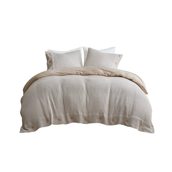 Clean Spaces Mara 3 PC Cotton and Rayon from Bamboo Blend Waffle Weave Duvet Cover Set in Taupe, Full/Queen CSP12-1478