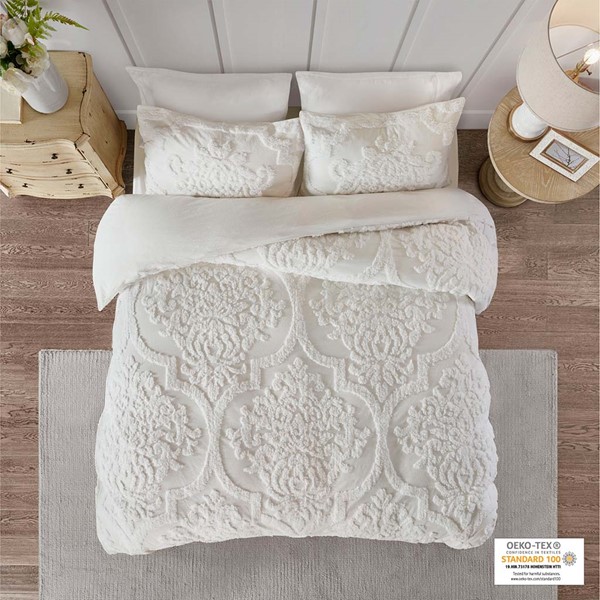 Madison Park Viola 3 Piece Tufted Cotton Chenille Damask Duvet Cover Set in Off-White, Full/Queen MP12-6207