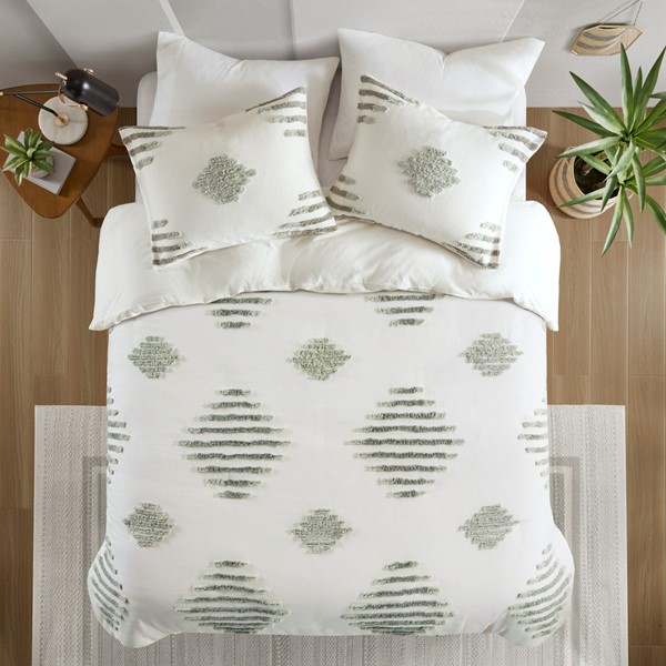 INK+IVY Tahli 3 Piece Cotton Blend Chenille Duvet Cover Set in Green/Ivory, Full/Queen II12-1313