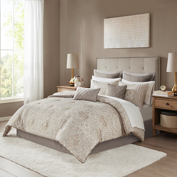 Madison Park Emilia 12 Piece Jacquard Comforter Set with Bed Sheets in Khaki, King MP10-7205