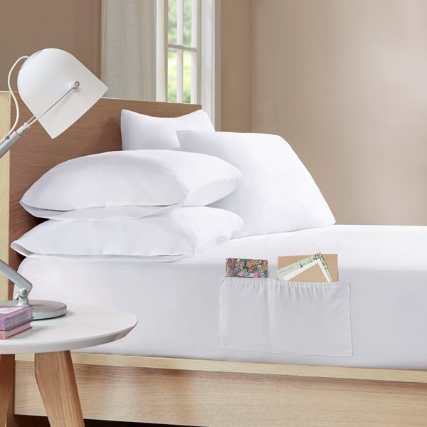 Intelligent Design Microfiber Sheet Set with Side Storage Pockets in White, Twin XL ID20-1911