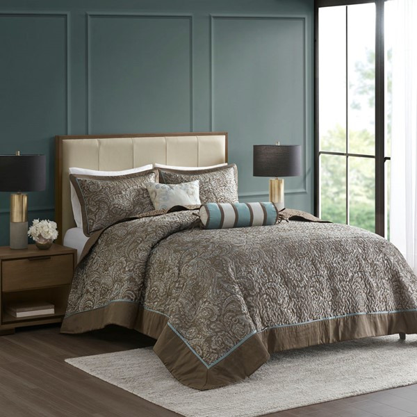 Madison Park Aubrey 5 Piece Jacquard Bedspread Set with Throw Pillows in Blue/Brown, King MP13-4339