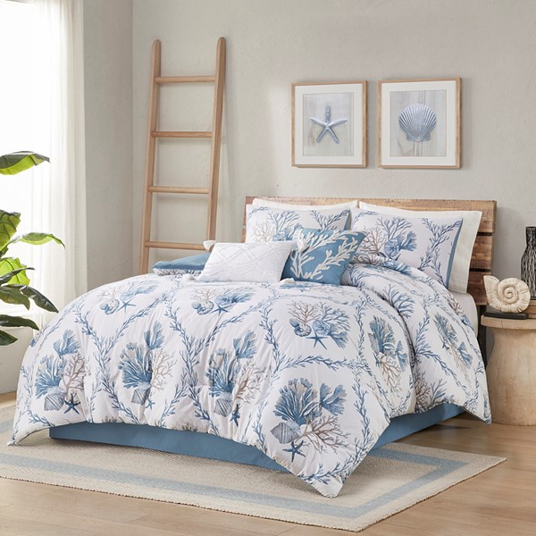 Harbor House Pismo Beach 6 Piece Oversized Cotton Comforter Set with Throw Pillows in Blue/White, Full HH10-1837