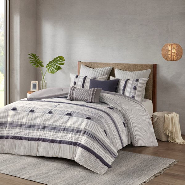 INK+IVY Cody 3 Piece Cotton Comforter Set in Gray/Navy, Full/Queen II10-1260