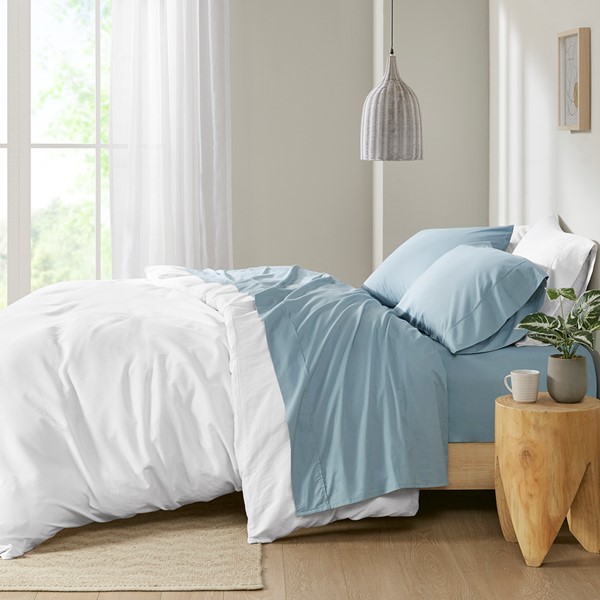 Madison Park 200 Thread Count Relaxed Cotton Percale Sheet Set in Teal, Full MP20-5383