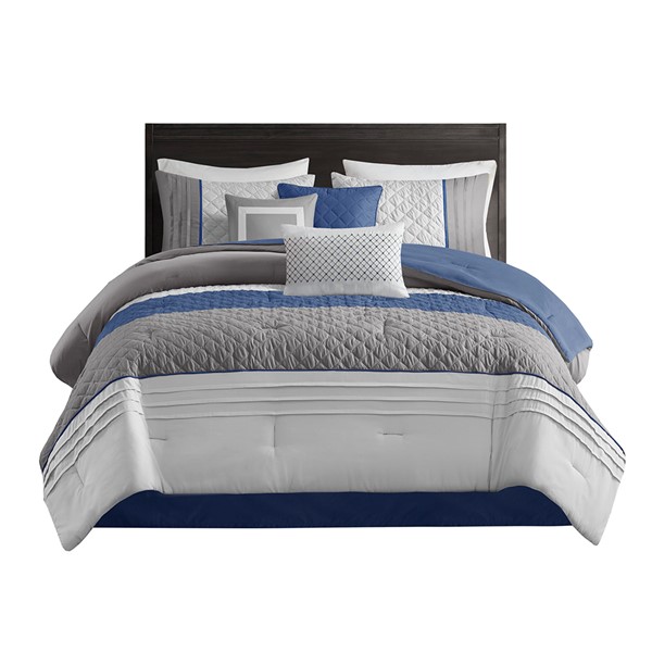 Madison Park Jenson 7 Piece Color Block Stripe Comforter Set with Throw Pillows in Blue, Cal King MP10-8323