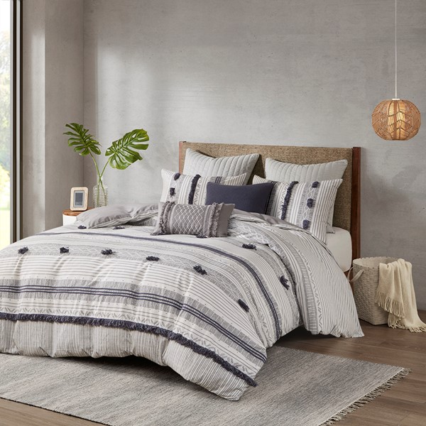 INK+IVY Cody 3 Piece Cotton Duvet Cover Set in Gray/Navy, Full/Queen II12-1262