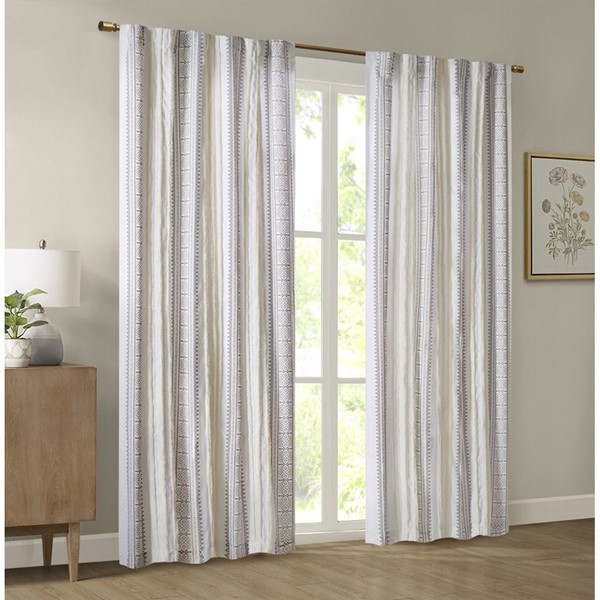 Madison Park Samara Poly Printed Curtain Panel with Tufted Stripe and Lining in White/Brown, 50x84" MP40-8460