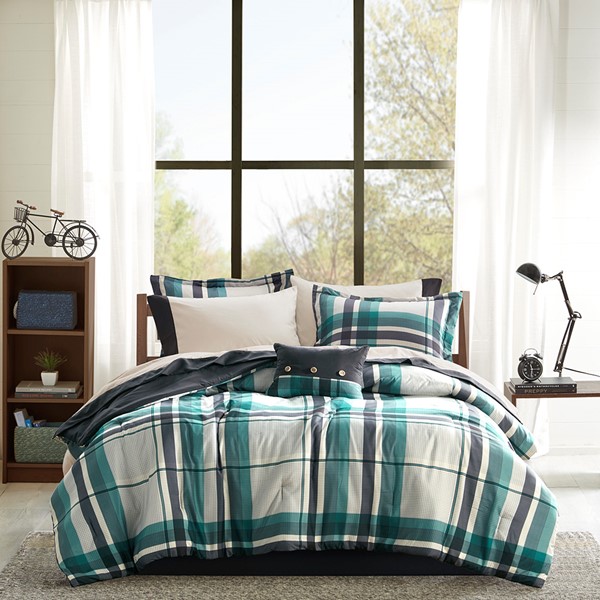 Intelligent Design Robbie Plaid Comforter Set with Bed Sheets in Teal/Black, Twin XL ID10-2431