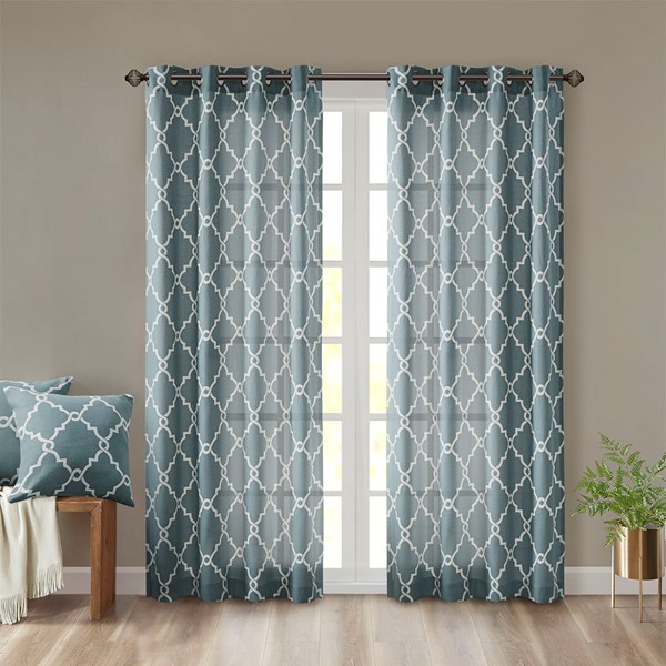 Madison Park Saratoga Fretwork Print Grommet Top Window Curtain Panel in Blue/White, 50x108" MP40-2026