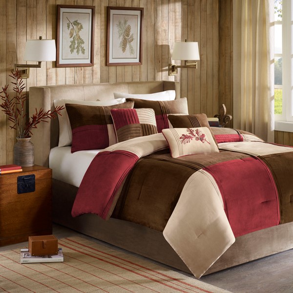 Madison Park Jackson Blocks 7 Piece Microsuede Comforter Set in Red, Queen MP10-283