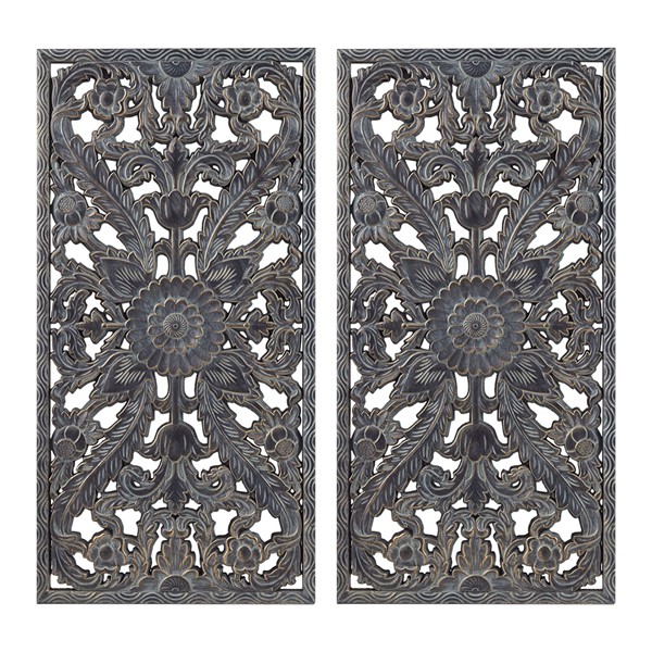 Madison Park Botanical Panel Distressed Carved Wood 2-piece Wall Decor Set in Antique Blue MP95B-0264