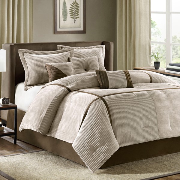 Madison Park Dallas 7 Piece Micro Corduroy Comforter Set in Taupe, King MP10-314