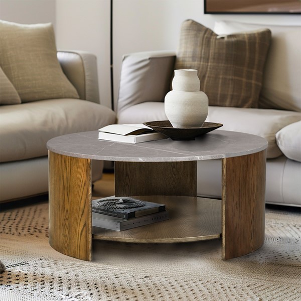 INK+IVY Keegan Round Mixed Material Coffee Table with Shelf in Oak/Marble II120-0568