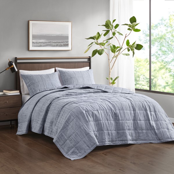 Beautyrest Guthrie 3 Piece Striated Cationic Dyed Oversized Quilt Set in Blue, King/Cal King BR13-3873