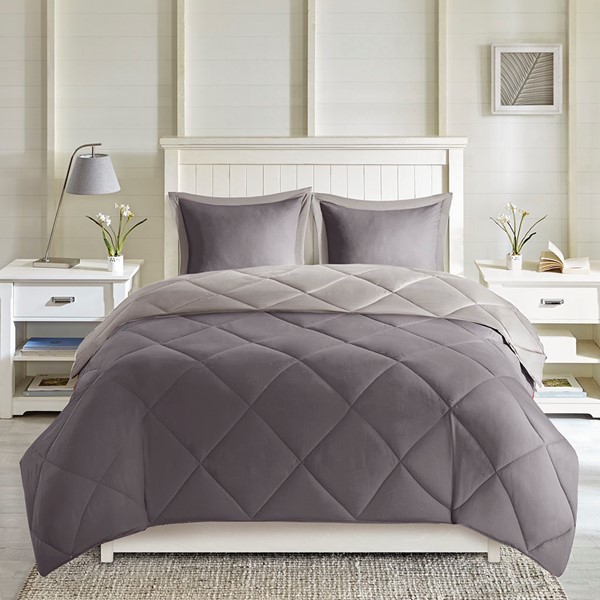 Madison Park Essentials Larkspur 3M Scotchgard Reversible Down Alt Comforter Set in Charcoal/Grey, King MPE10-616