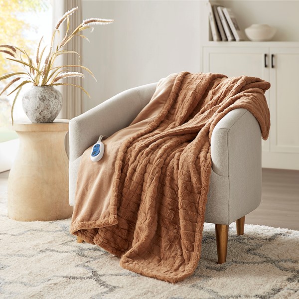 Beautyrest Zuri Oversized Faux Fur Heated Throw in Brown Texture, 50x70" BR54-4699