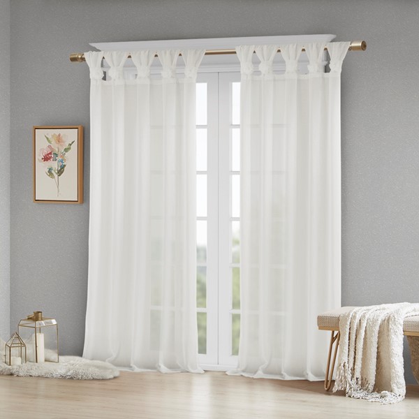 Madison Park Rosette Floral Embellished Cuff Tab Top Solid Curtain Panel in White, 50x63" MP40-5644