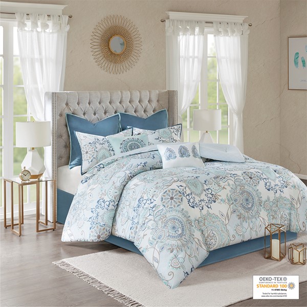 Madison Park Isla 8 Piece Cotton Floral Printed Reversible Comforter Set in Blue, King MP10-5804