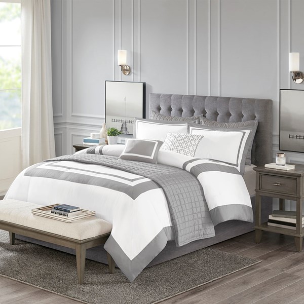 Madison Park Heritage 8 Piece Comforter and Quilt Set Collection in Grey, King/Cal King MP10-6141