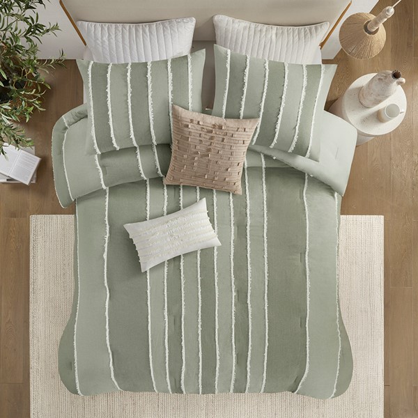 INK+IVY Shay 3 Piece Striped Cotton Comforter Set in Sage, King/Cal King II10-1321