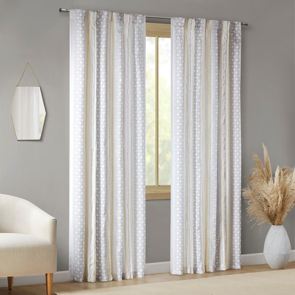 INK+IVY Ebby 2pk Poly Printed Curtain Panel with Tufted Stripe in White/Taupe, 2-PK 50x84" II40-1328