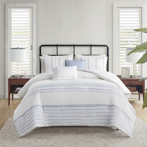 Harbor House Morgan 5 Piece Cotton Jaquard Duvet Set in White/Blue, Full/Queen HH12-1868